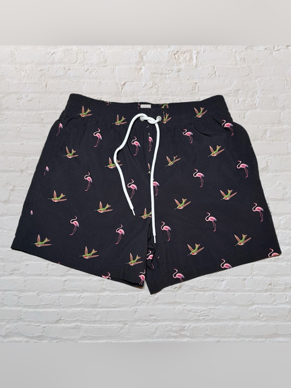 Binske Black Flamingo & Hummingbird Print Swim Trunks in Men’s Size Small